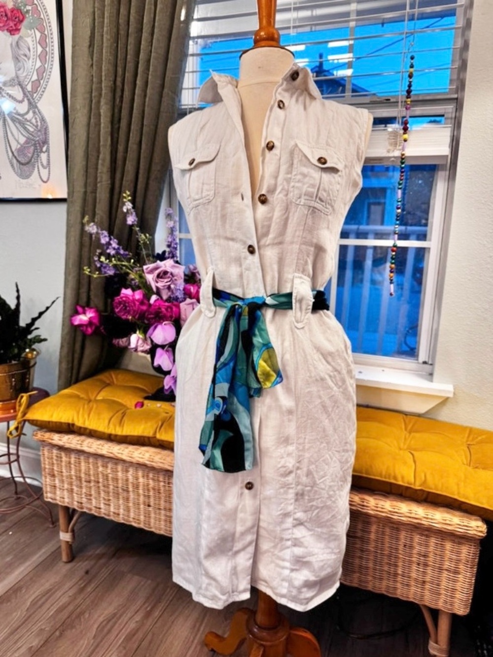 Sleeveless White 100% Linen Shirt Dress size 4
